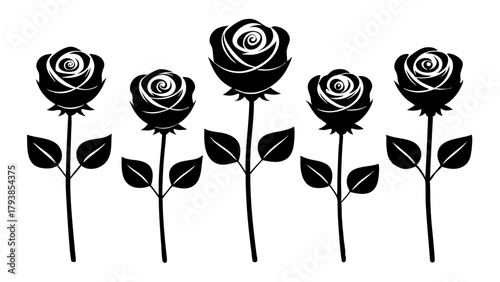 Five black rose silhouettes of varying sizes with leaves and stems