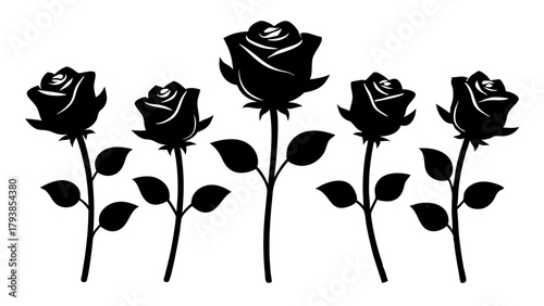 A group of five black rose silhouettes with leaves and stems