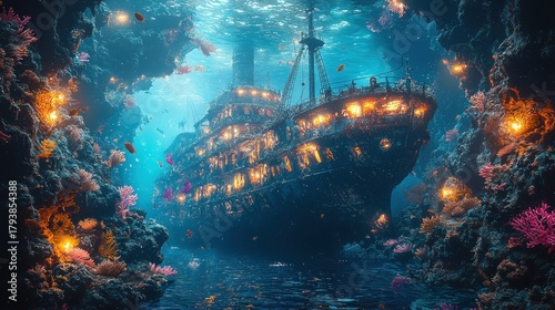 Fototapeta Naklejka Na Ścianę i Meble -  Sunken ship rests on ocean floor, surrounded by vibrant coral reef and glowing lights.