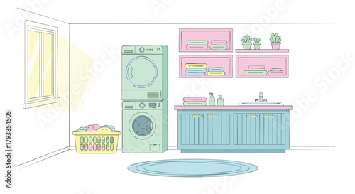 Pastel-Hued Laundry Room Illustration Showcasing Cleanliness and Serenity for Modern Home Design 89 characters