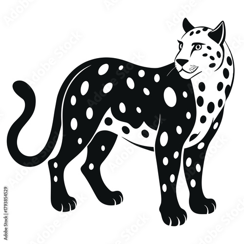 Stylized black leopard silhouette with distinct spots on its body and face, standing and looking to the side