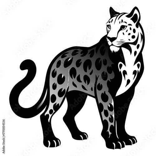 Stylized black and white illustration of a leopard with spots