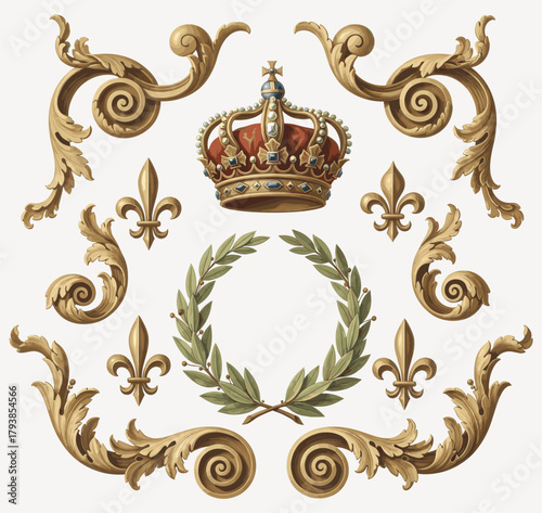 Royal baroque ornament set featuring golden scrolls, crown, laurel wreath, and fleur-de-lis in elegant classical style.