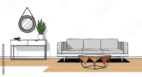 A line drawing illustration of a minimalist living space with a modern sofa and decor showcases a contemporary design aesthetic for creative projects