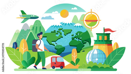 Traveler with backpack walking past globe, airplane, and red car with mountains and sun in the background, representing global travel and adventure