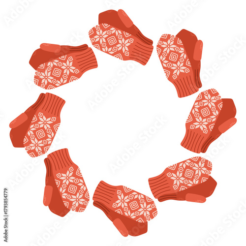 Simple vector illustration of cute red knitted mittens arranged in a circular frame. Winter holiday design, Christmas decoration, isolated on white background, perfect for greeting cards and prints