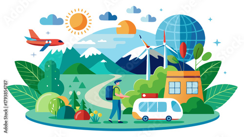 Traveler with backpack near globe, airplane, and camper van, surrounded by mountains, wind turbines, and greenery, symbolizing ecofriendly global travel