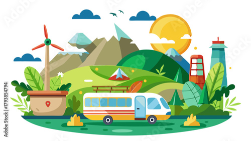 Scenic landscape with a bus, wind turbine, and lighthouse, promoting ecotourism and sustainable travel