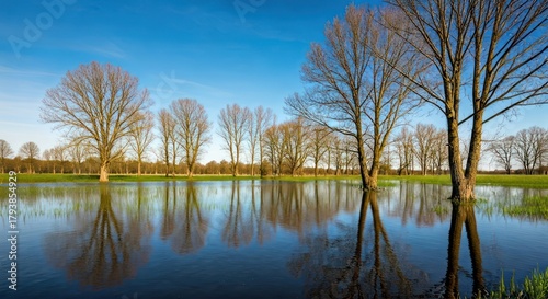Bare trees stand in a flooded field, reflecting in the water under a clear, blue sky