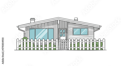 Charming Single-Story House Illustration with Picket Fence and Greenery Design Style