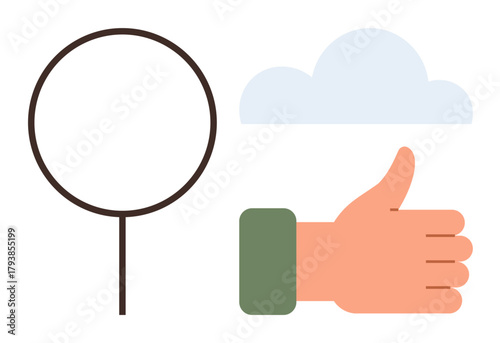 Magnifying glass, a cloud, and a thumbs-up hand symbolize analysis, abstraction, and agreement. Ideal for research, teamwork, innovation creativity growth problem-solving and feedback. Simple