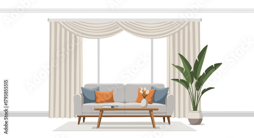 Harmonious living room interior featuring a cozy sofa, elegant curtains, and a vibrant indoor plant creating a welcoming home ambiance