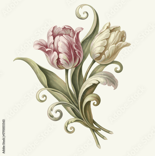 Elegant baroque floral ornaments with swirling acanthus leaves and pink tulip blooms in a refined vintage style.