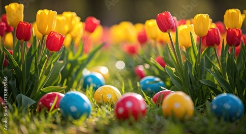 Colorful Easter eggs hidden amongst red and yellow tulips in a sunlit grassy field