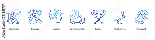 Health Accessibility web banner illustration featuring Social Media, Diagnosis, Migraine, Safe Transportation, Crutches, Prosthetic Leg, and Hearing Aid. Promotes mobility and medical innovation.