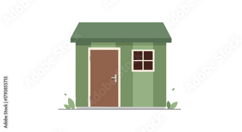 Delightful cartoon illustration of a quaint green garden shed with a charming simplicity, perfect for educational resources or creative designs