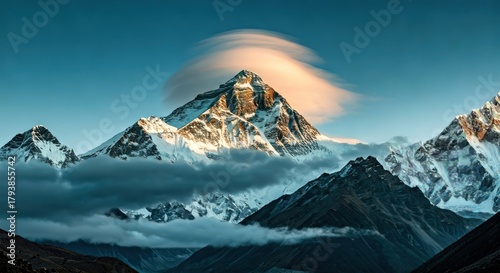 Jagged peaks pierce the sky, clouds embrace the range, golden light bathes summits at dawn