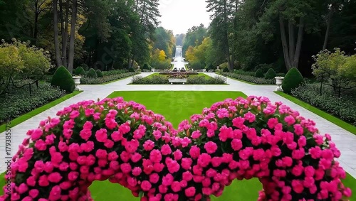 Animated walk-through a pink flower heart in a grand, symmetrical formal garden towards a distant fountain.