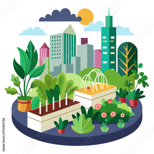 Urban oasis with lush green plants and modern skyscrapers, showcasing a sustainable city garden concept with raised beds and potted flora against a cloudy sky