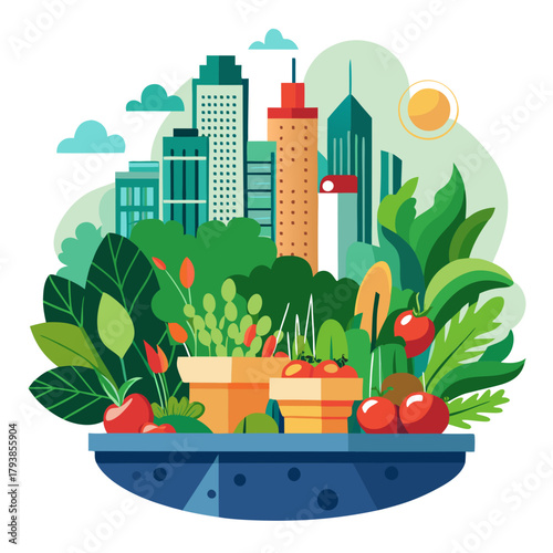Vibrant illustration of urban farming, showcasing a miniature cityscape with lush greenery and potted plants growing vegetables like tomatoes, representing a harmonious blend of nature and city life