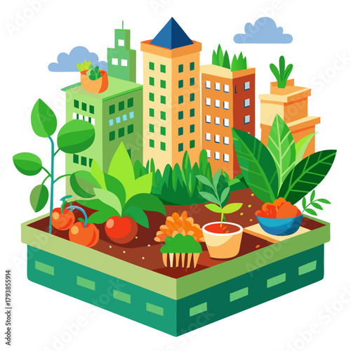 A colorful isometric view of urban agriculture, featuring a rooftop garden with various plants and vegetables, surrounded by stylized city buildings, promoting a vision of sustainable urban living