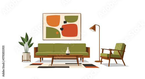 Serene Mid-Century Modern Interior with Olive Sofa, Abstract Art and Ambient Lighting