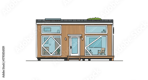 Architectural rendering showcases modern compact house with minimalist design aesthetic and sustainable green roof element