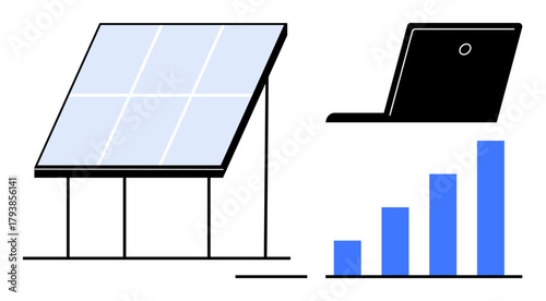 Solar panel paired with a laptop and bar chart emphasizing renewable energy monitoring, data analysis, and growth. Ideal for sustainability, energy solutions, green tech, research, innovation, future