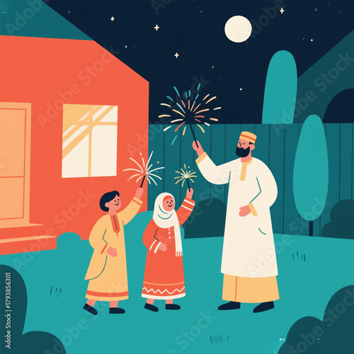 Muslim family playing with fireworks in the yard Illustrator Artwork Banner Background Design Template 