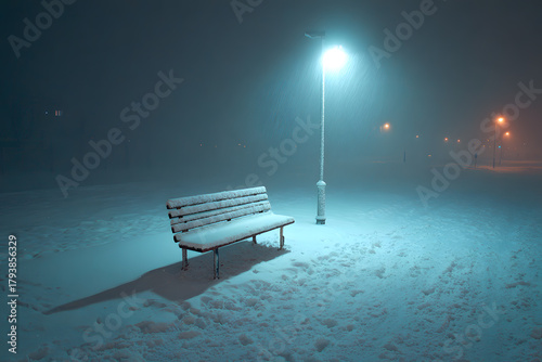 Fototapeta Naklejka Na Ścianę i Meble -  a bench in the snow at night with a street light