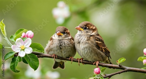 Two brown sparrows perched on a branch with delicate white and pink flowers
