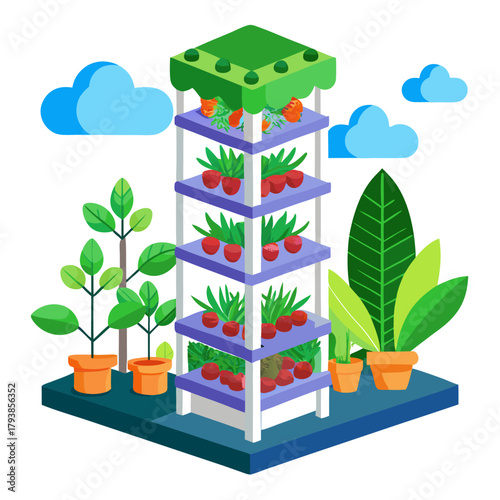 A colorful isometric illustration of a multilevel vertical garden with various plants and fruits, set against a backdrop of clouds