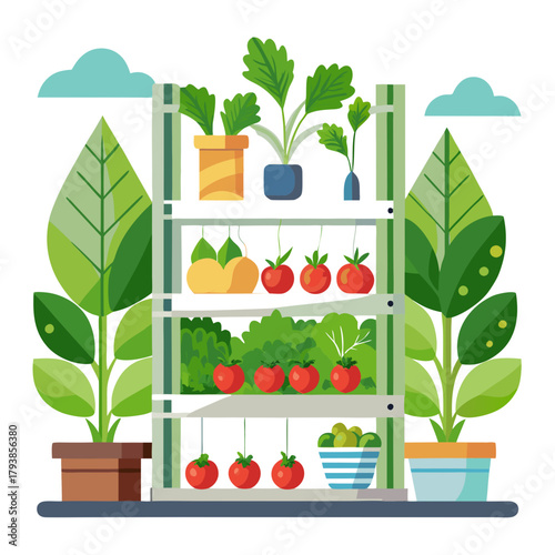 A vertical garden with shelves full of fresh vegetables and fruits, including tomatoes, lemons, and leafy greens, in a modern home garden setup