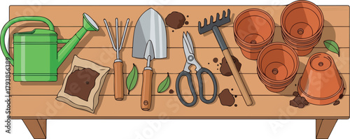 Gardening tools and supplies neatly arranged on a wooden table, showcasing various equipment for nurturing plants and flowers