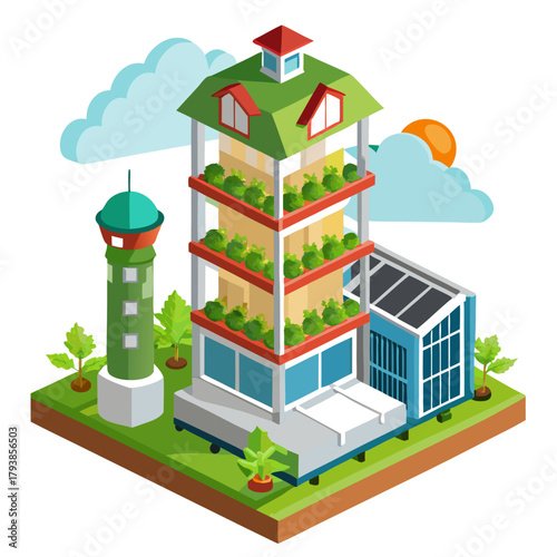 A futuristic vertical farm building with a greenhouse and a control tower, representing advanced urban agriculture and sustainable food production