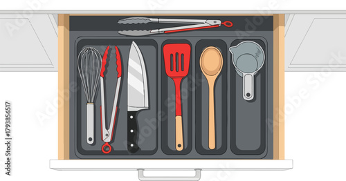 Kitchen Utensil Drawer Organized with Cooking Tools.