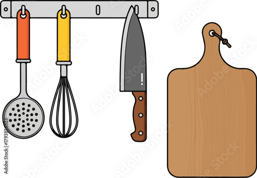 Kitchen utensils hanging on a rack next to a cutting board on a clean surface vector illustration