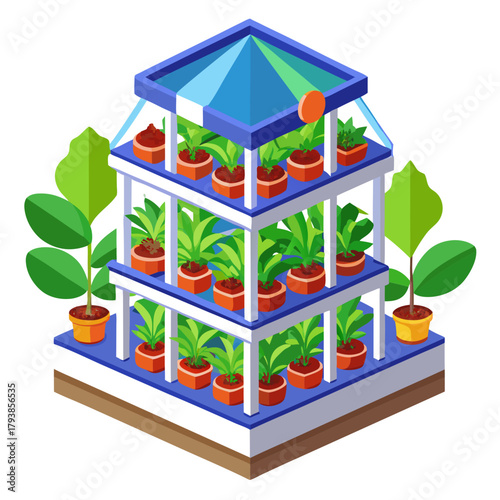 Multitiered indoor vertical garden structure with potted plants, illustrating efficient space utilization for urban farming and plant cultivation