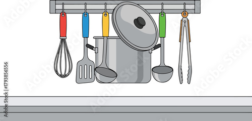 Assorted Kitchen Utensils and Cooking Tools Hanging on a Rack in a Modern Kitchen Environment Vector Illustration