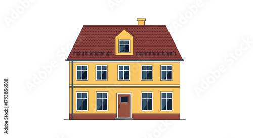 Charming two-story house with distinctive roof and symmetrical window arrangement illustration residential appeal character simple graphic house