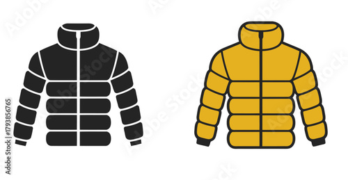 Winter jacket icon vector on white background , shown in stroke outline, solid, flat, and shaded color styles. Perfect for cold-weather apparel and clothing design