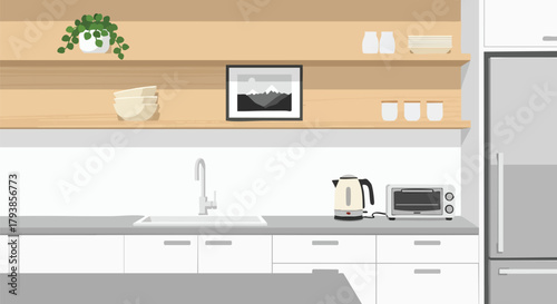 Modern minimalist kitchen illustration with essential appliances and decor conveying a sense of order and refined taste