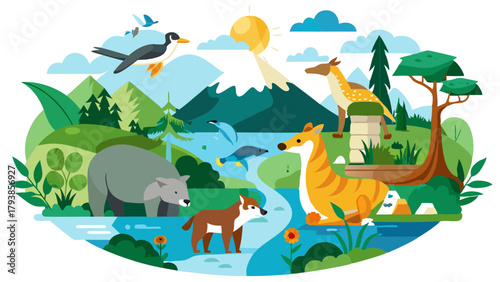 A vibrant illustration depicting a diverse ecosystem with various animals, plants, mountains, and a river, showcasing the beauty of nature and wildlife in a harmonious setting