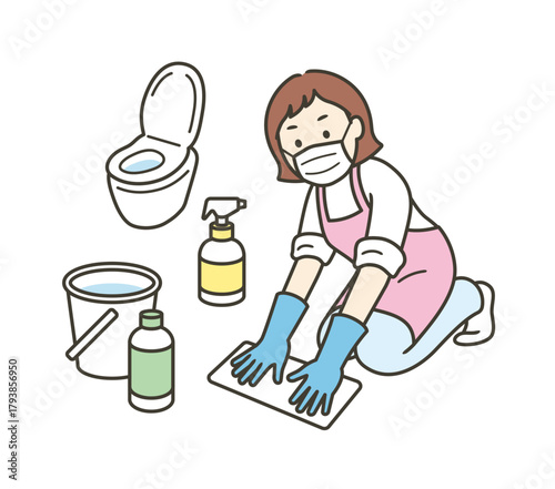 トイレ掃除をしてノロウイルスなどの除菌対策をする主婦の全身イラスト
