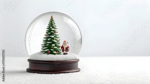Captivating Christmas snow globe with a miniature decorated evergreen tree and a joyful Santa Claus figure, symbolizing the festive winter holidays and seasonal cheer
