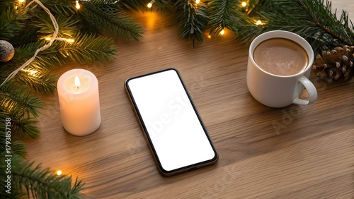 Christmas morning vibes with a warm coffee, glowing candle, and smartphone displaying a blank screen surrounded by festive fir branches and twinkling lights on a wooden table