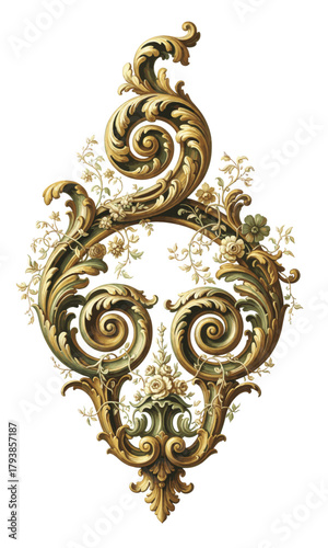 Ornate baroque floral ornament with gold scrolls, green acanthus leaves, and delicate roses forming an elegant symmetrical design.