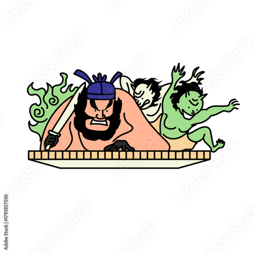 青森のねぶた祭に登場する閻魔大王を威厳ある表情と鬼の躍動感で描いた迫力のイラスト｜夏を象徴する伝統行事の dramatic な雰囲気を伝える構成