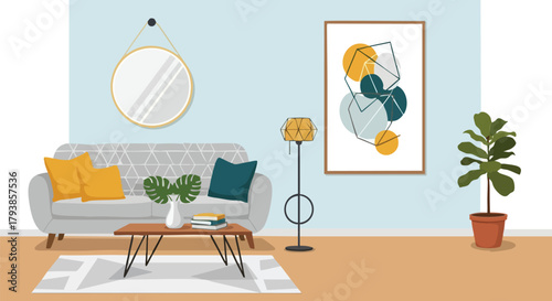 Stylized Interior Rendering Showcasing a Modern Living Space with Geometric Art and Subtle Color Palette