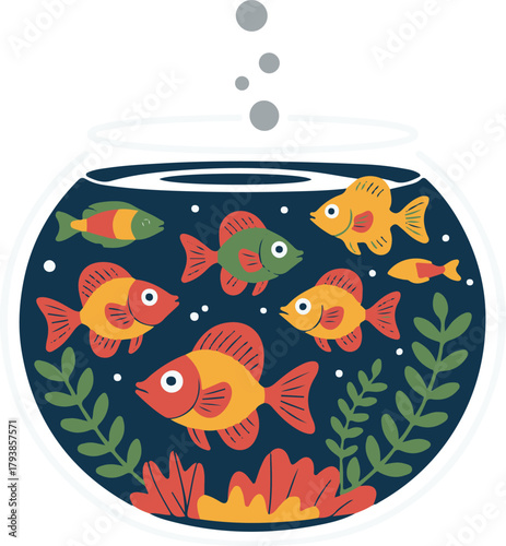 A school of colorful cartoon fish swimming in a round glass fishbowl with green plants and red coral